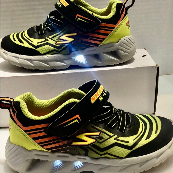 Skechers S-Lights Sneaker Shoes School Size 10 Black Neon Yellow Pre-owned - Picture 3 of 10
